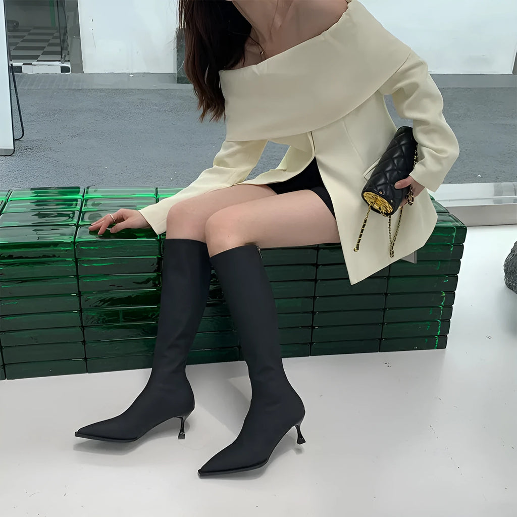 Black pointed toe women's below knee stiletto boots with a back zipper closure.
