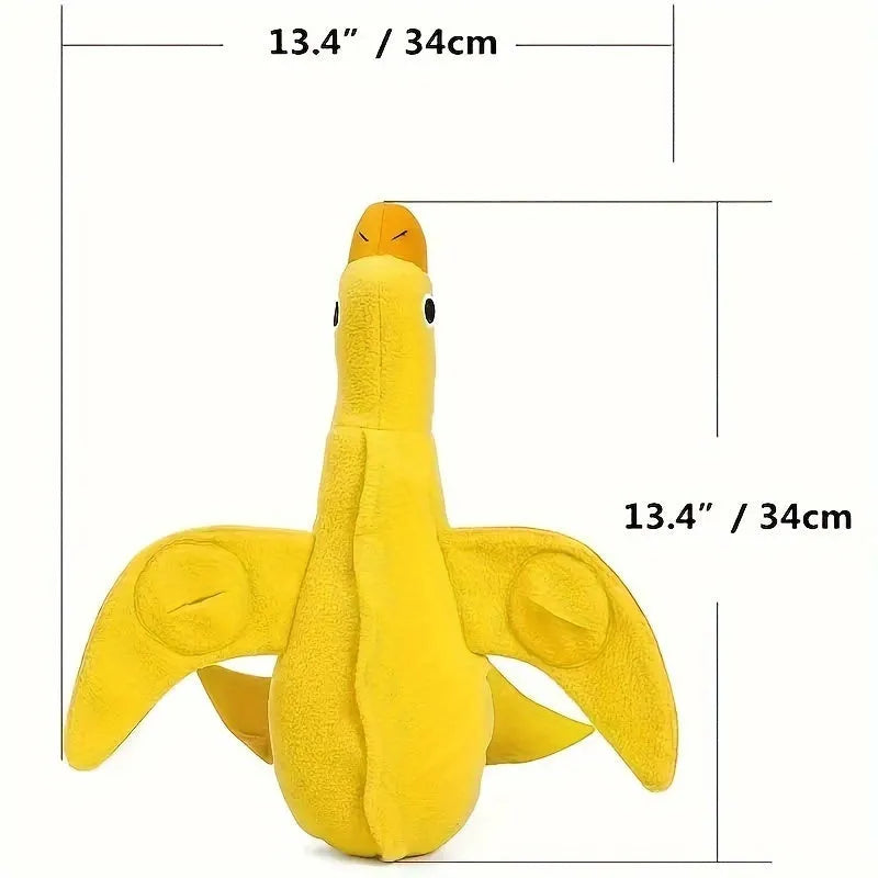 Yellow plush duck dog toy with squeaker and treat dispensing holes for training and chewing.
