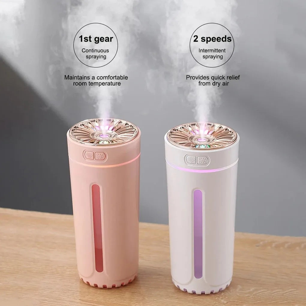 Black wireless ultrasonic humidifier with LED lights sitting in a car cup holder.