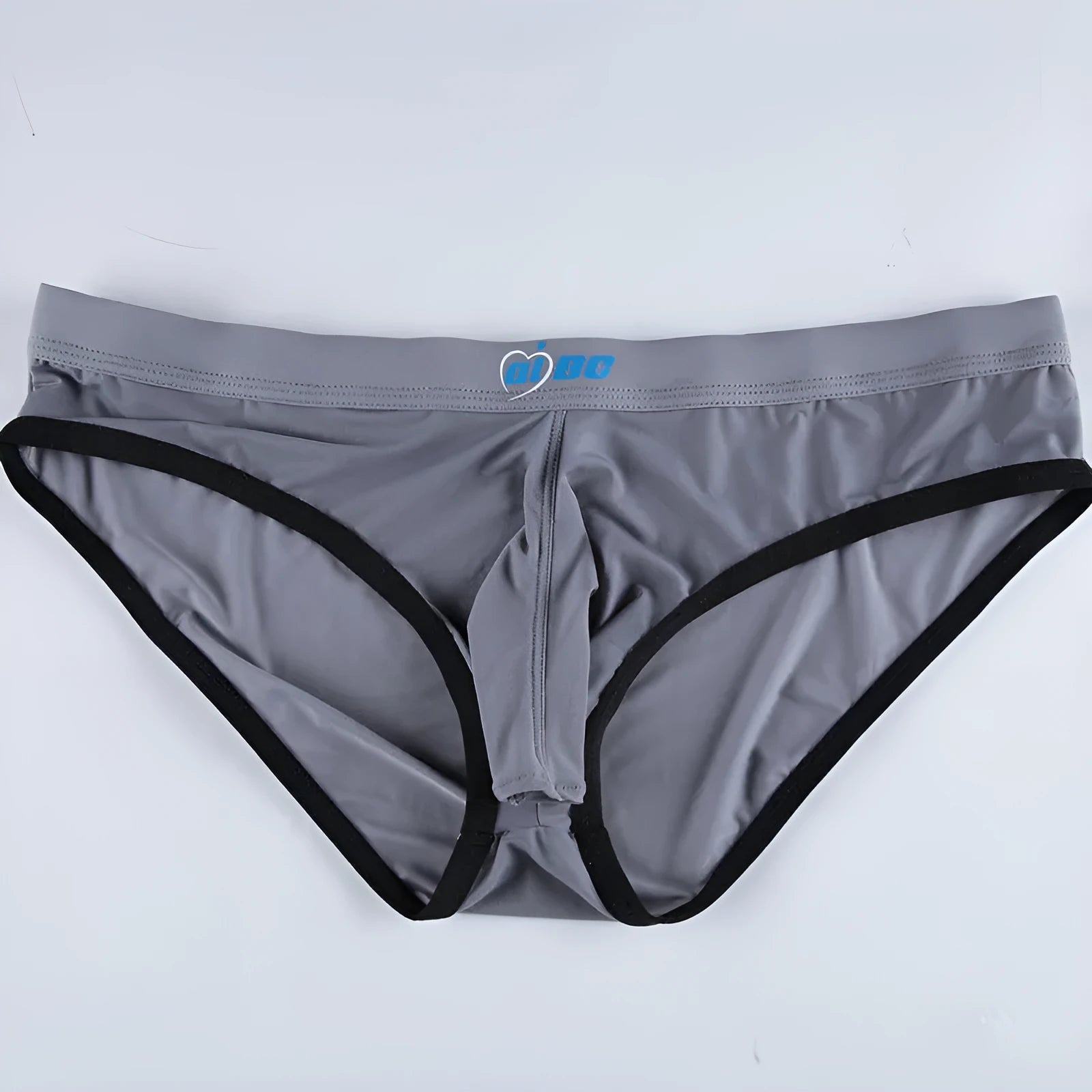 Men's thin ice silk briefs in Army Green colour with a mid-waist and bullet separation design.