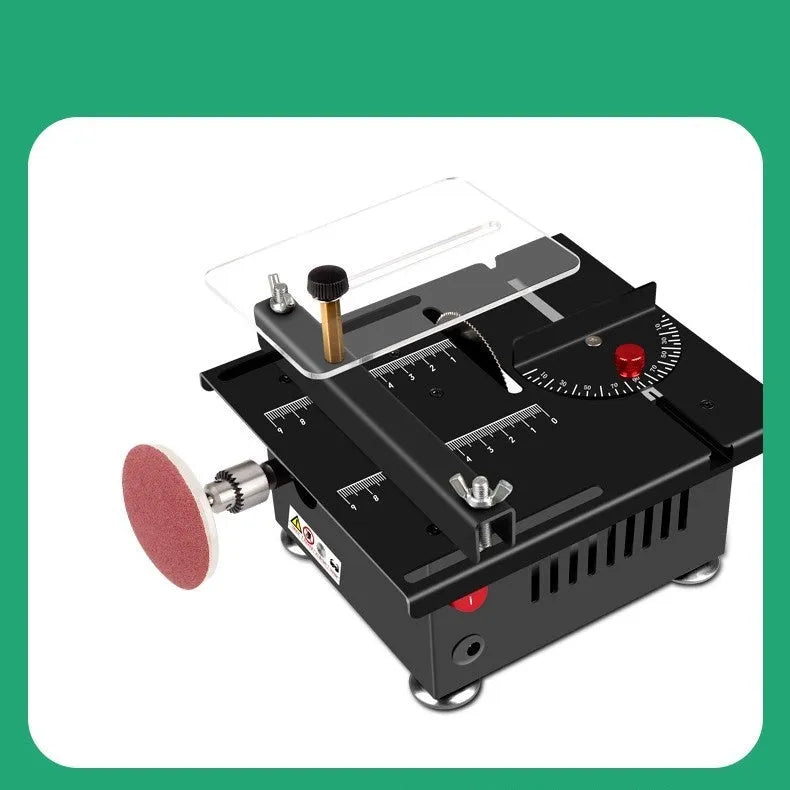 Lithium ion battery-powered desktop saw with metal construction and charging unit