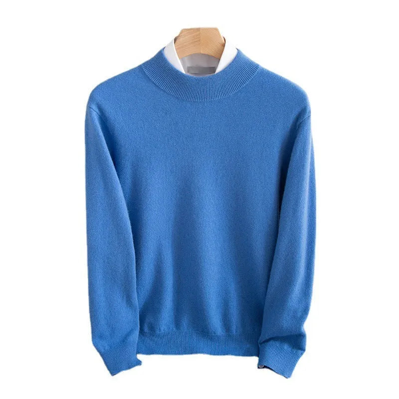Man wearing a loose-fit half-collar wool sweater in a winter business casual style.