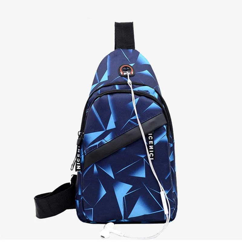 Men's blue Oxford cloth crossbody sling bag with an earphone hole and zipper, shown in a square vertical shape.