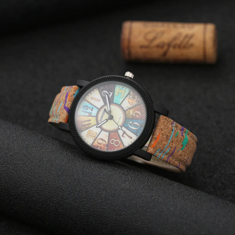 Casual vintage leather women's quartz wrist watch with 37mm round dial and stainless steel buckle