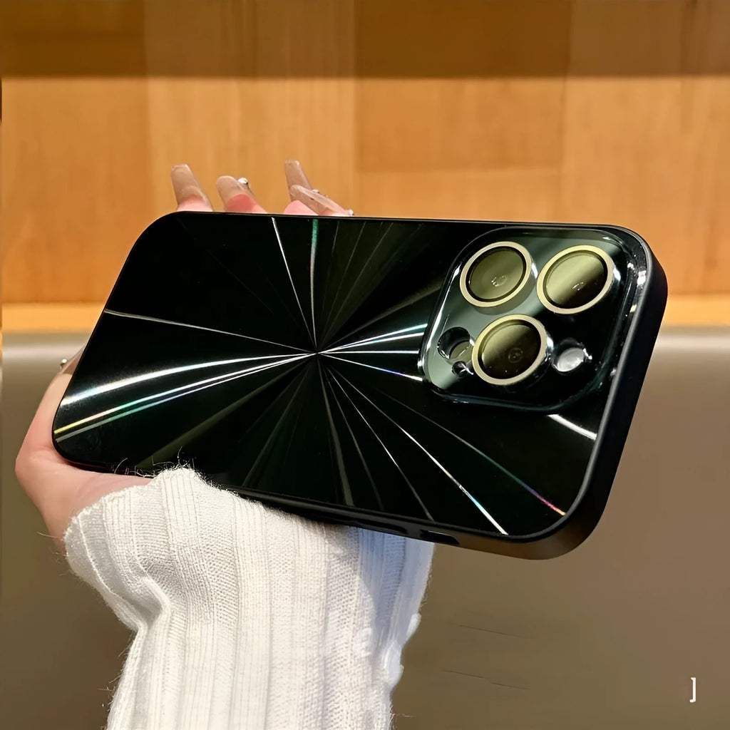 Colourful CD pattern TPU phone case with lens protector for iPhone 15 in purple, showing frosted back and precise cutouts.