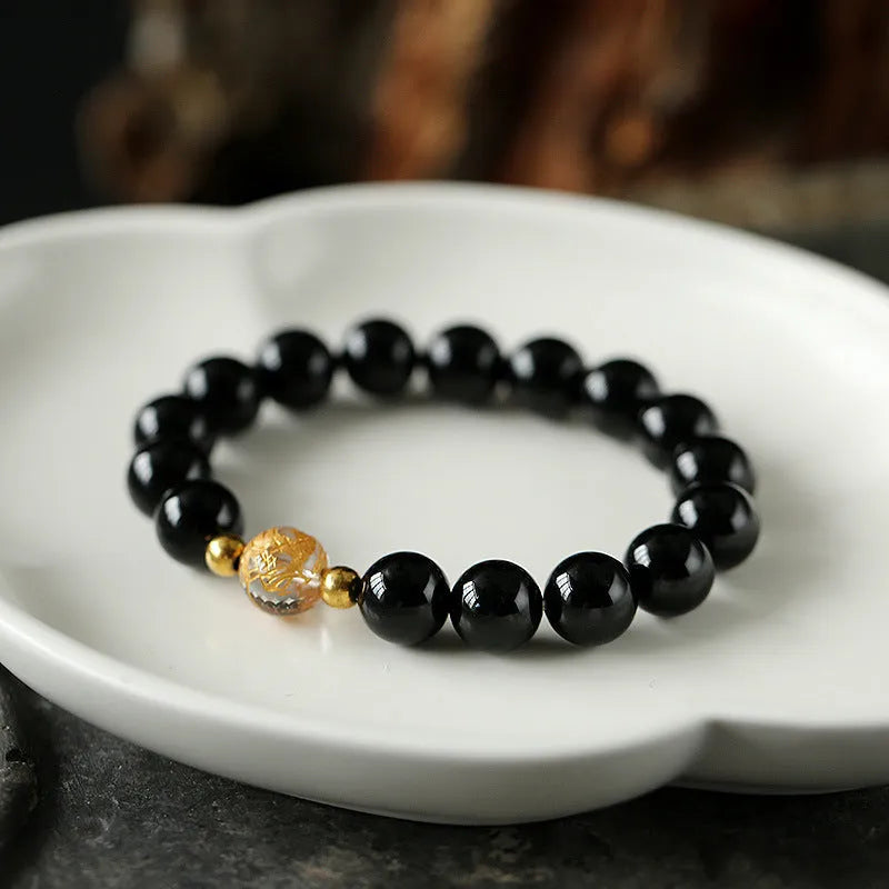 Unisex bracelet with obsidian, black agate, and white crystal beads in geometry shape, 10mm and 8mm