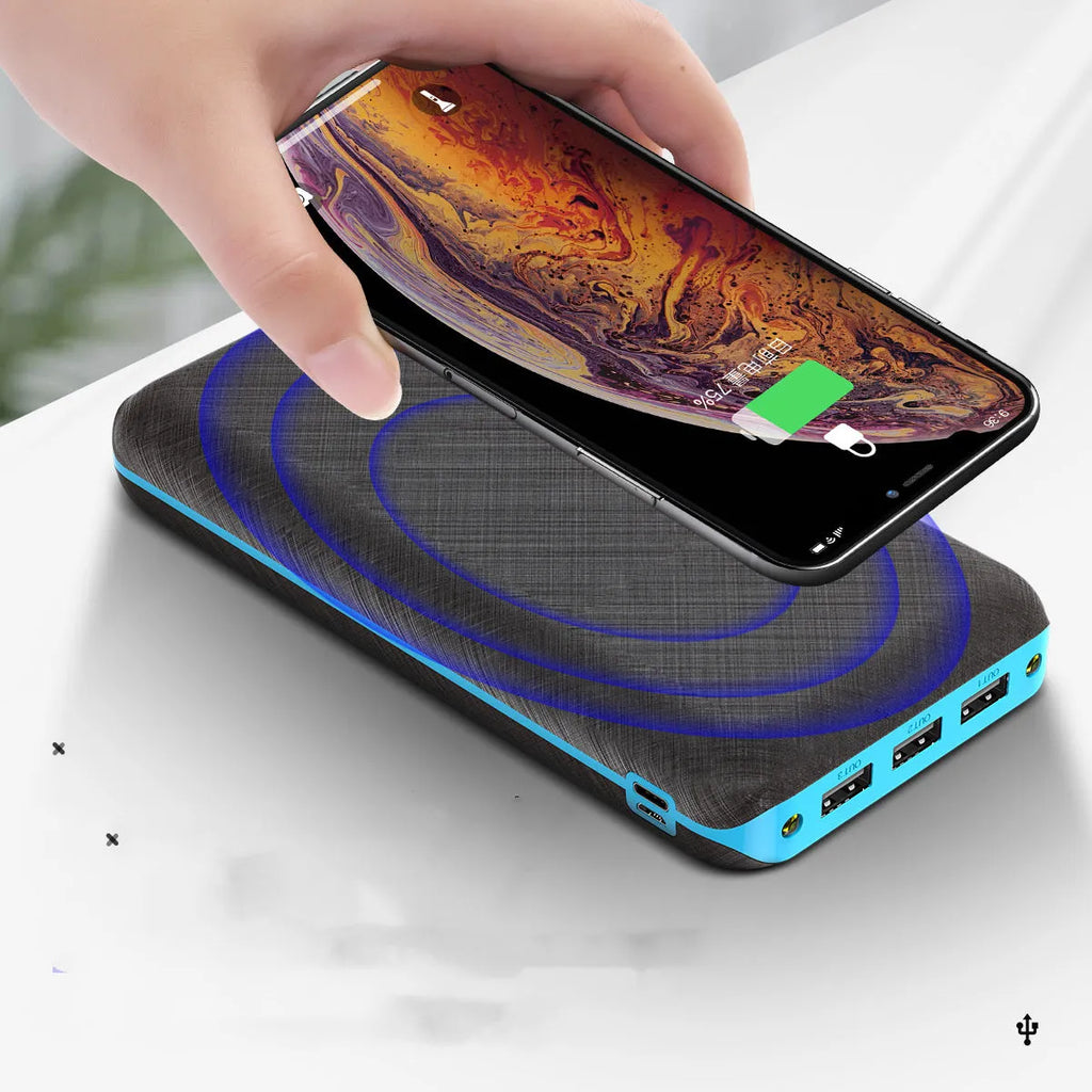 Portable solar power bank with Qi wireless charging and LED flashlight in black