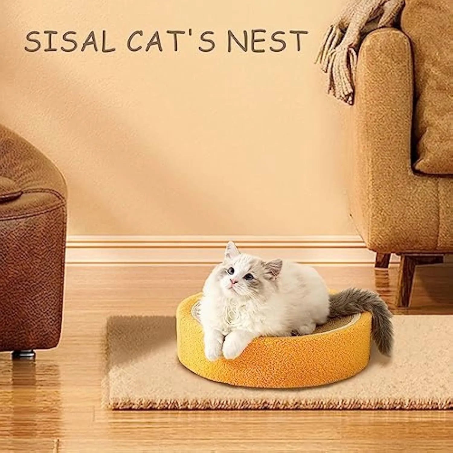 Orange fruit-shaped sisal cat scratching board with concave bed centre for small cats