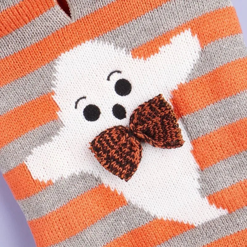 Orange knitted hooded pet sweater with contrast stripes and fur ball for small dogs and cats