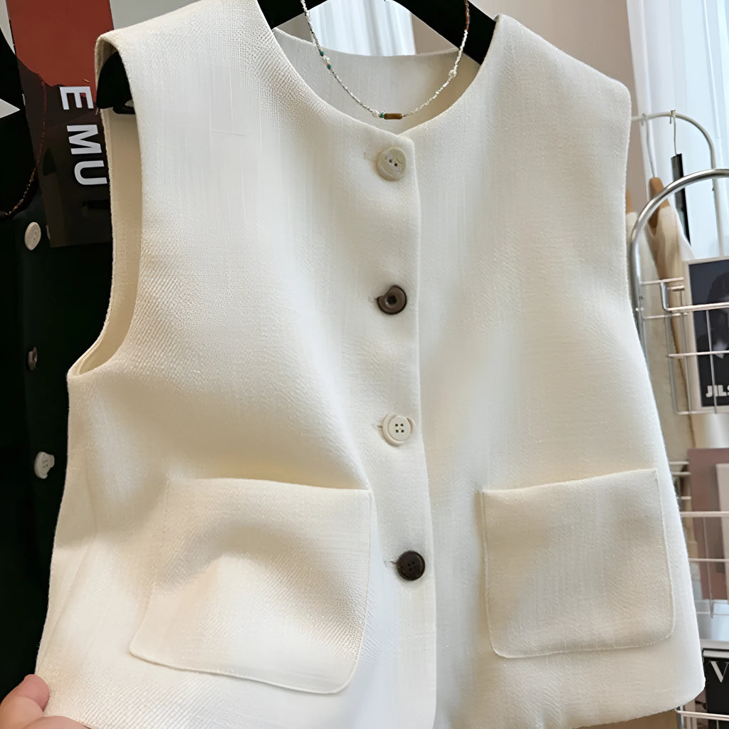 French style bandage vest for women in milky white, sleeveless round neck design.