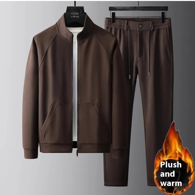 Men's slim-fit stand collar sports jacket and trousers suit set in Vinylon fabric.