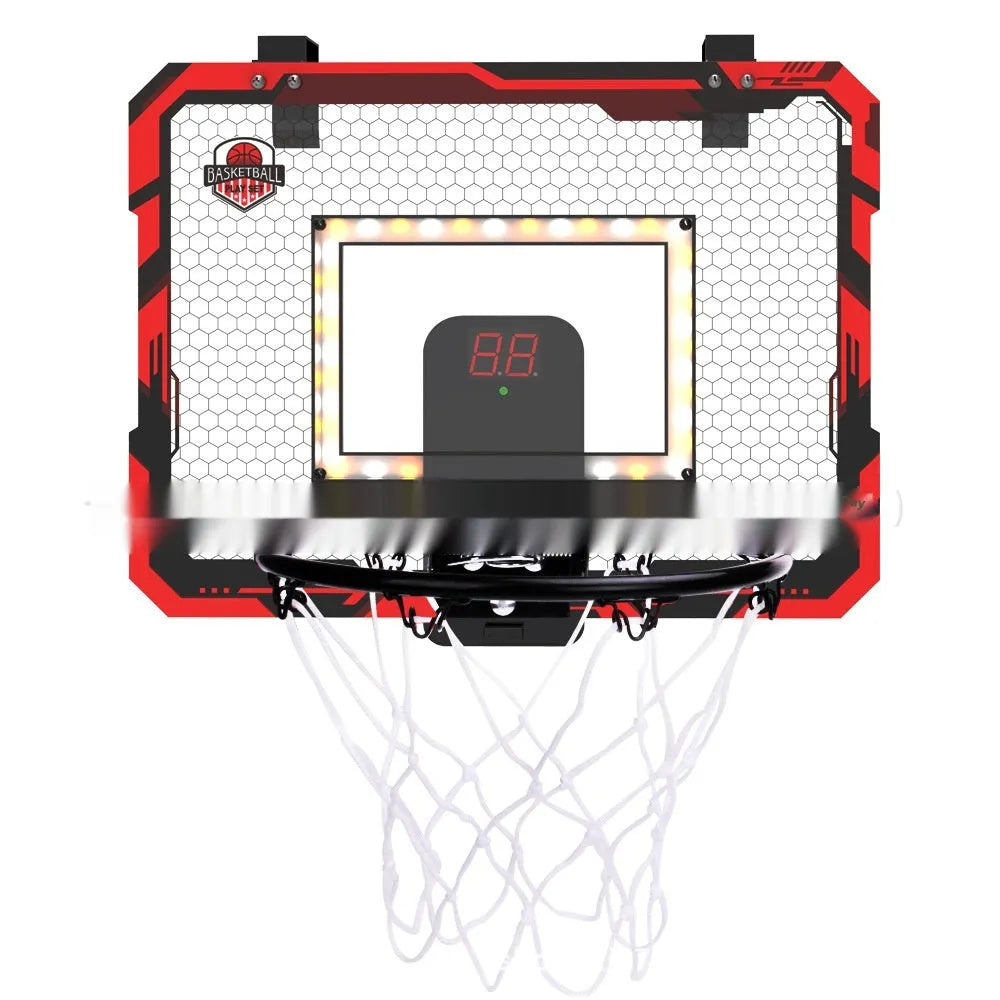 Red folding basketball frame with suction cups mounted on wall showing dual-use iron hook design