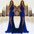 Long red knitted evening dress with high waist, swing skirt and hollow detailing