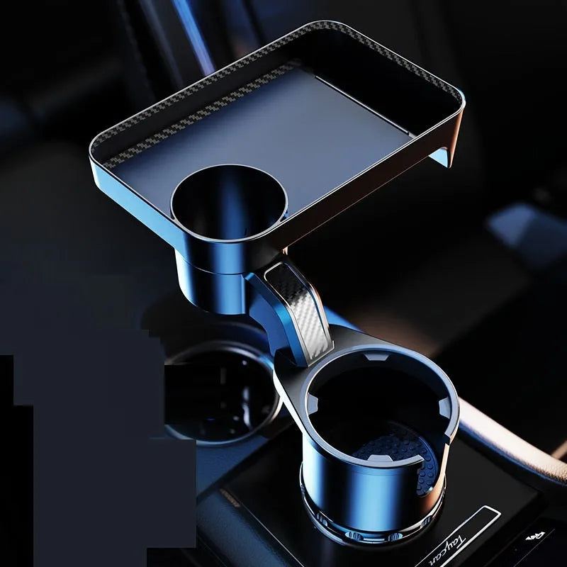 Black car-mounted 360-degree rotating dinner tray holder inserted in vehicle cup holder