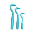 Set of three coloured plastic tick hook removal tools for dogs on a white background