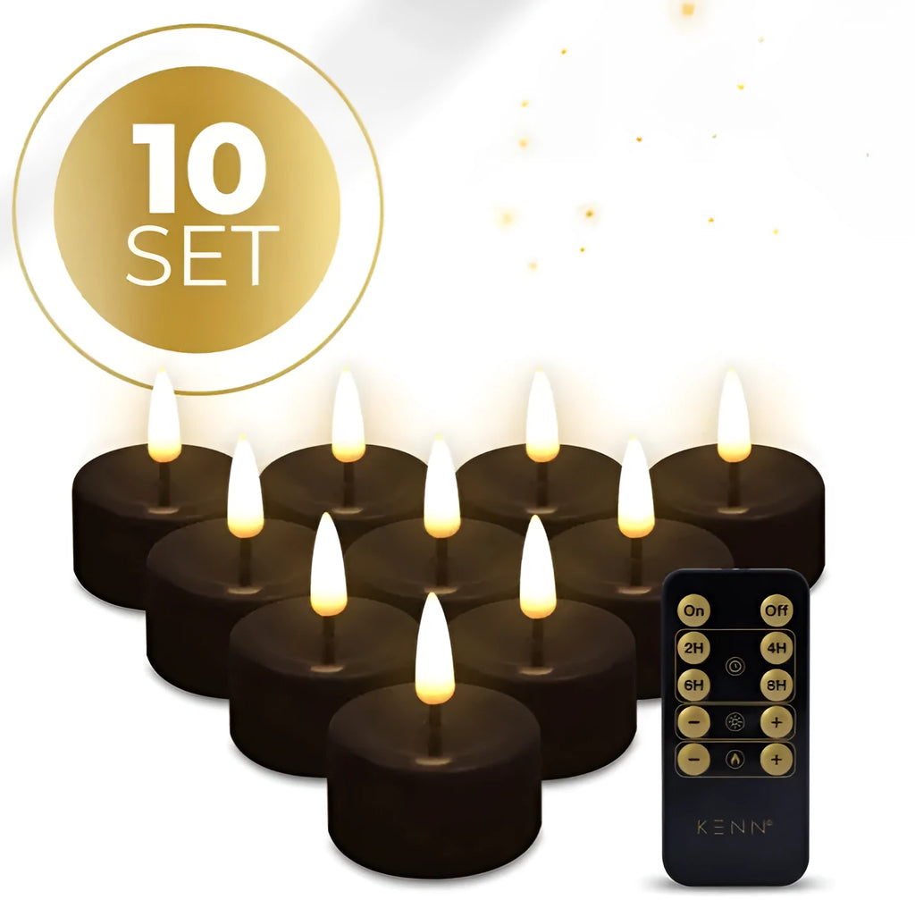 Set of four black LED tealight candles with a realistic wax look.