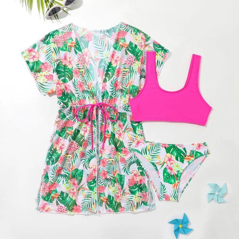 Girls' two-piece floral swimsuit briefs set in polyester fabric for swimming sports