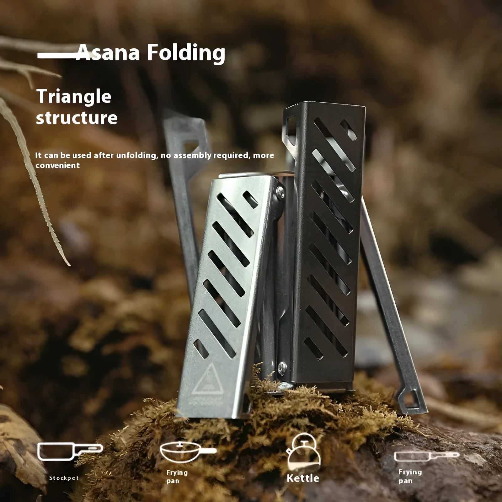 Portable hexagon alcohol camping stove showing foldable alloy construction with black finish