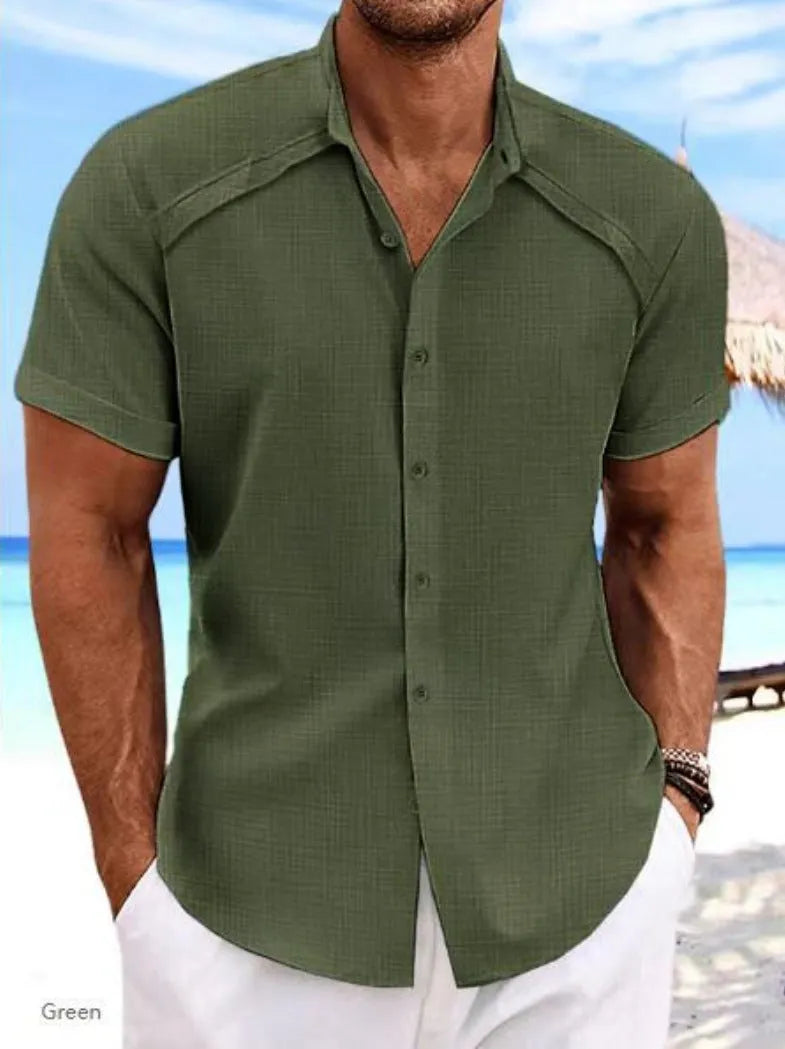 Hawaiian casual short sleeve solid colour shirt in cotton blend fabric, showing collage stitching details, available in multiple colours like Navy Blue
