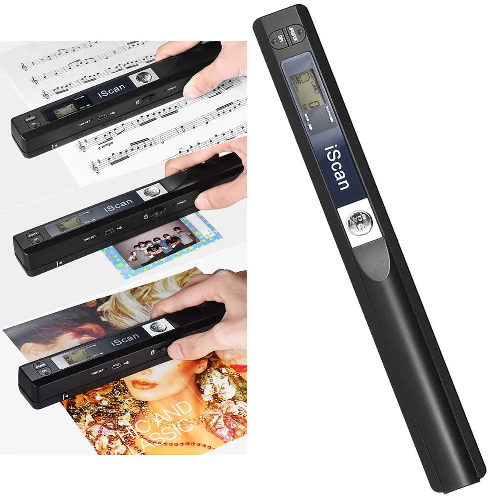A handheld USB document scanner in a choice of five colours: black, blue, green, red, and silver.