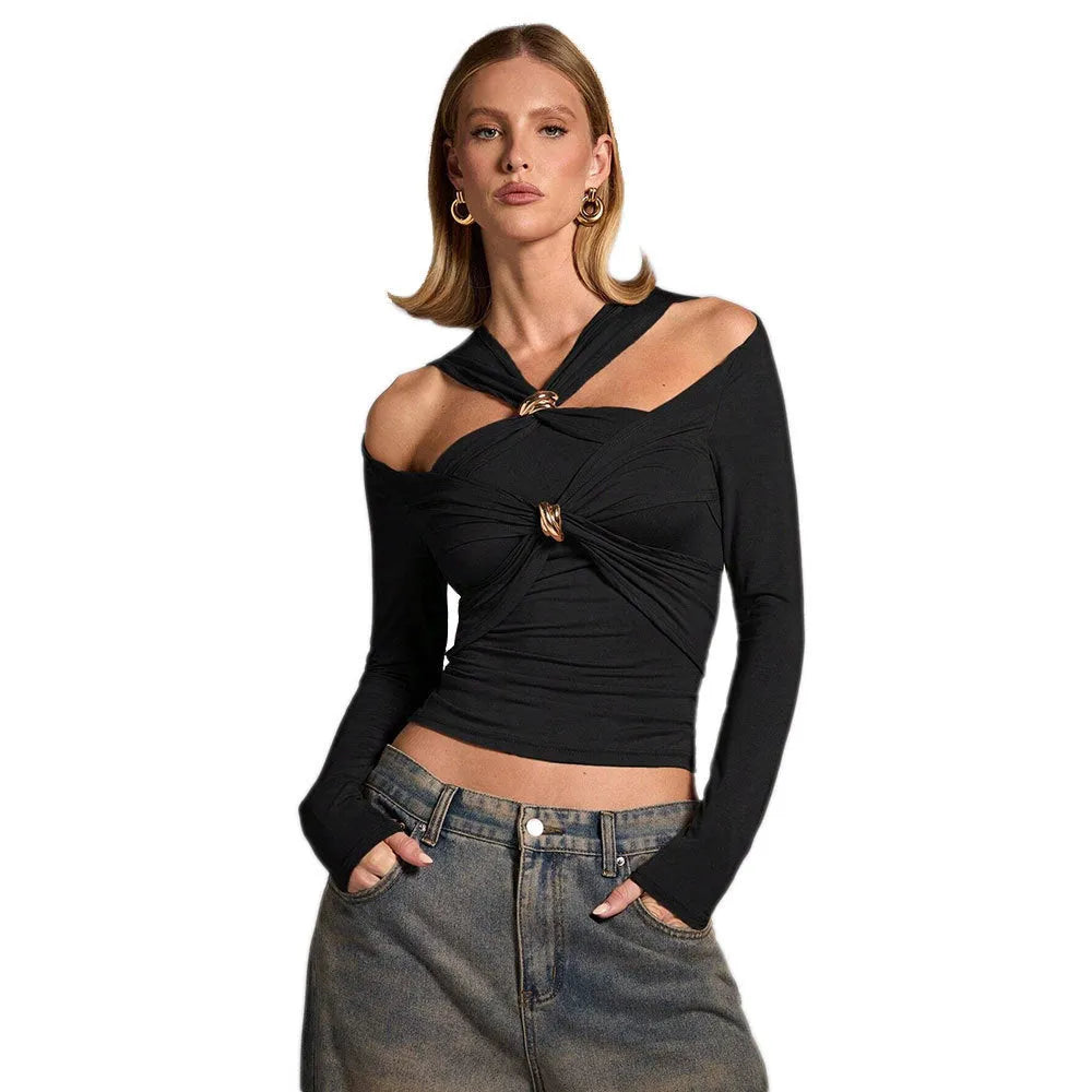 Black women's slim-fit halter top with long sleeves on a model.