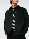 Men's black hooded jacket with a suede collar, side pockets, and a straight hem.