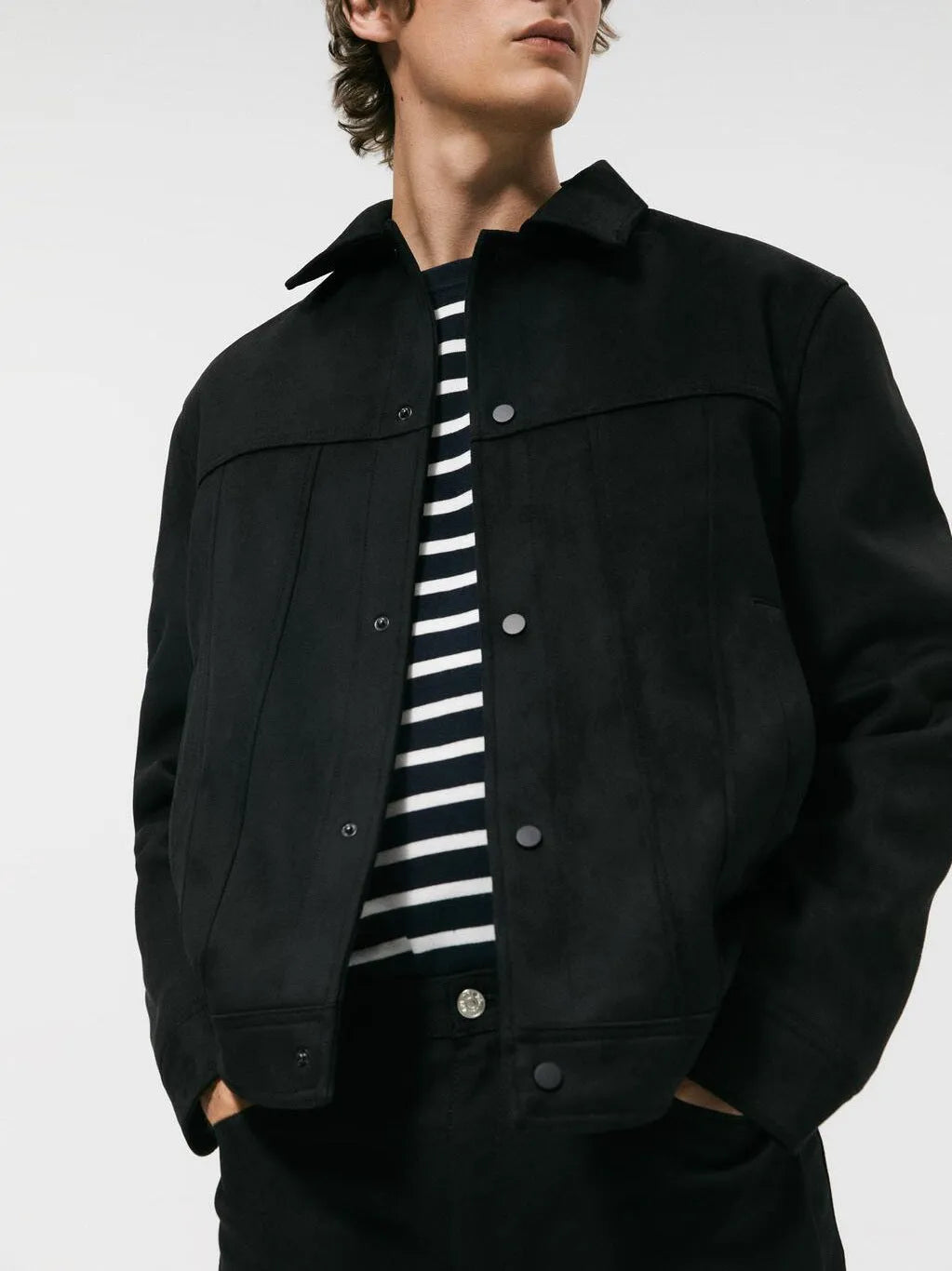 Men's black hooded jacket with a suede collar, side pockets, and a straight hem.