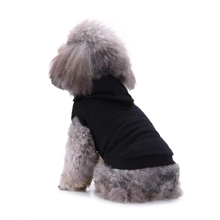 Small dog wearing black cotton hooded T-shirt pullover pet clothing