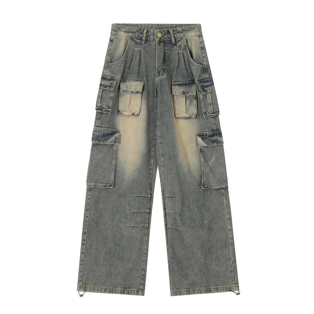 Loose fit distressed denim pants with multiple pockets in straight-leg street style