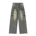 Loose fit distressed denim pants with multiple pockets in straight-leg street style