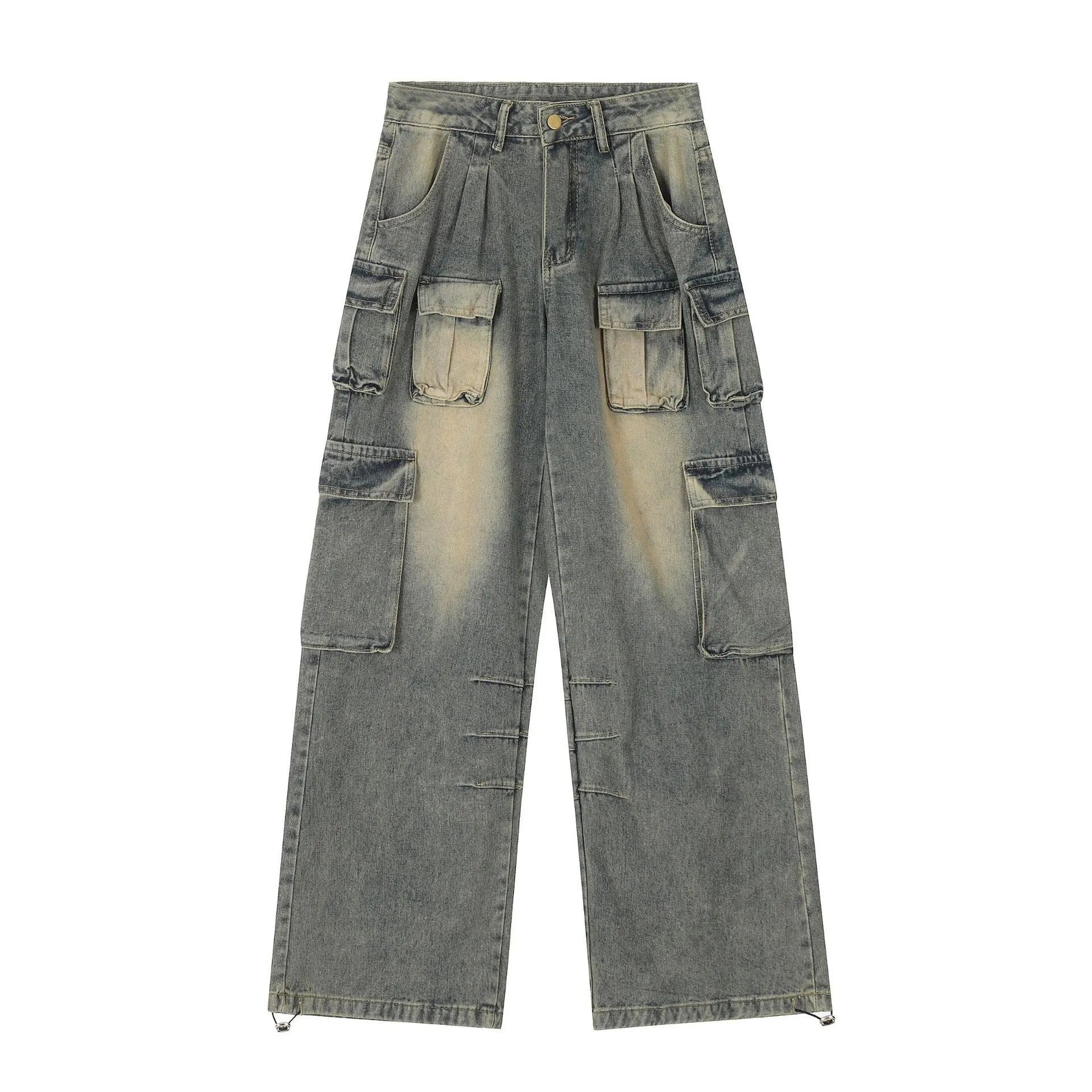 Loose fit distressed denim pants with multiple pockets in straight-leg street style