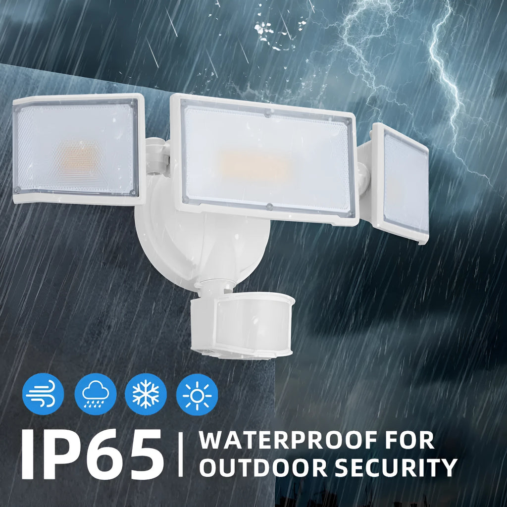 White 120V LED security flood light with motion sensor for wall or ceiling mounting.