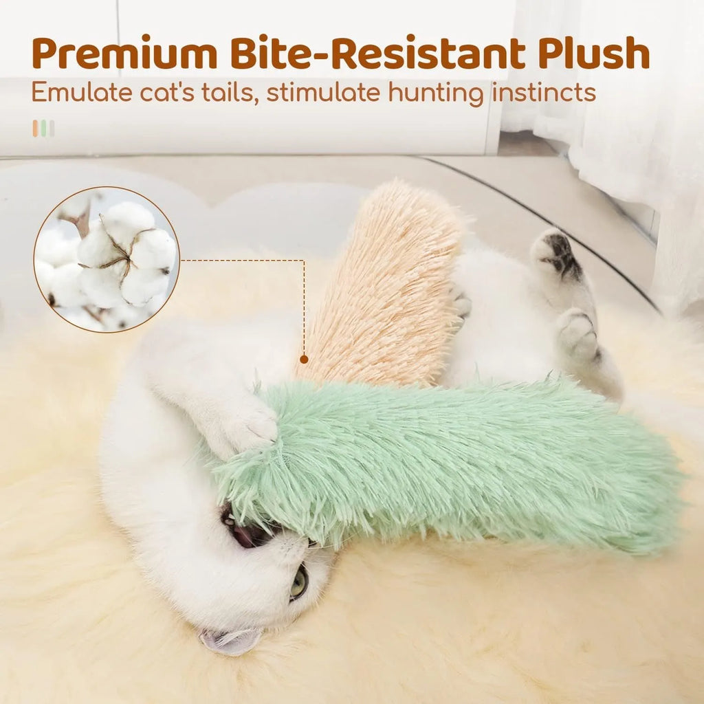 Plush cat toy pillow with squeaker in blue, green, pink, or white colours measuring 27cm by 10cm