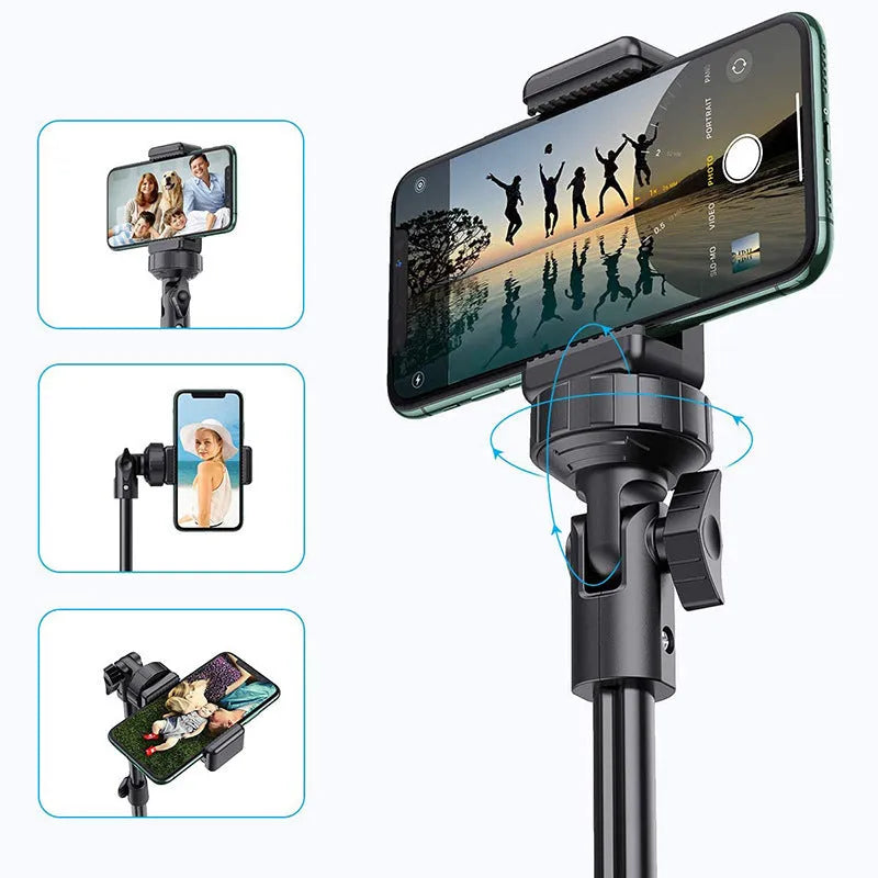 Black selfie stick tripod with 5 sections, aluminium alloy, shrink height 45cm, compatible with iPhone