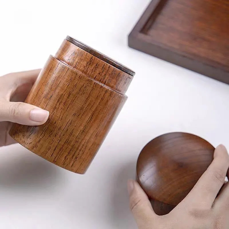 Tea storage can with wooden texture design, 7.5 cm diameter and 12 cm height, offset printed finish, with lid