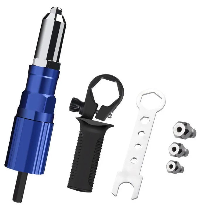 Electric rivet gun with auxiliary grip, 160mm length, carbon steel and plastic construction, blue and black colour