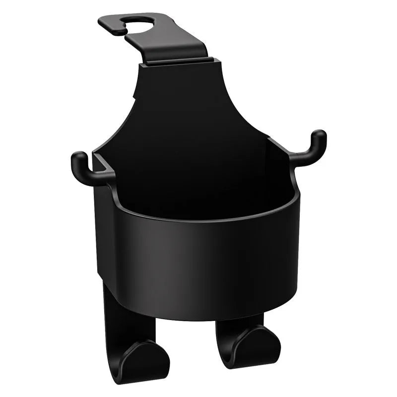 Black plastic car hook seat back organiser with cup holder and dual hooks mounted on headrest