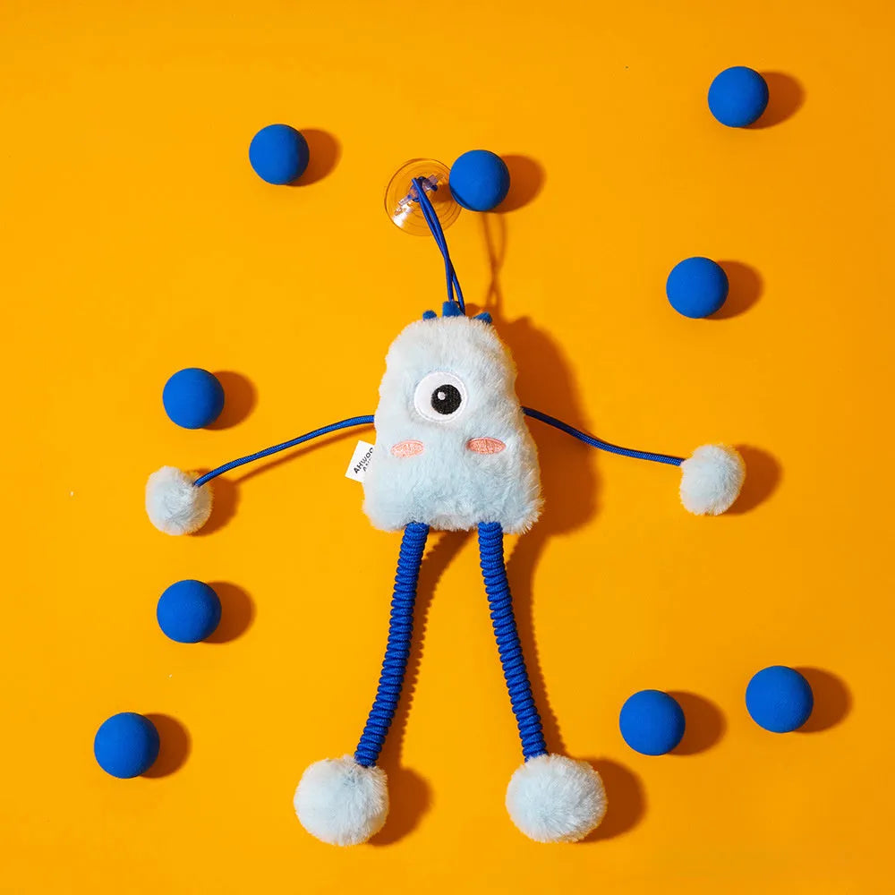 Blue plush cat toy with telescopic elastic rope, ring with bell and mint element on white background