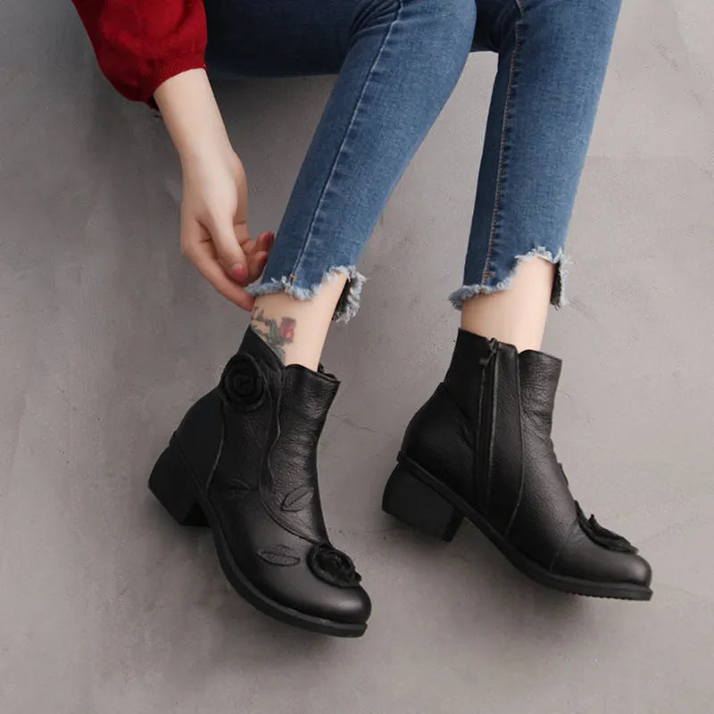Handmade genuine leather ethnic Martin boots with chunky heel, waterproof platform, and flower embossing in red colour