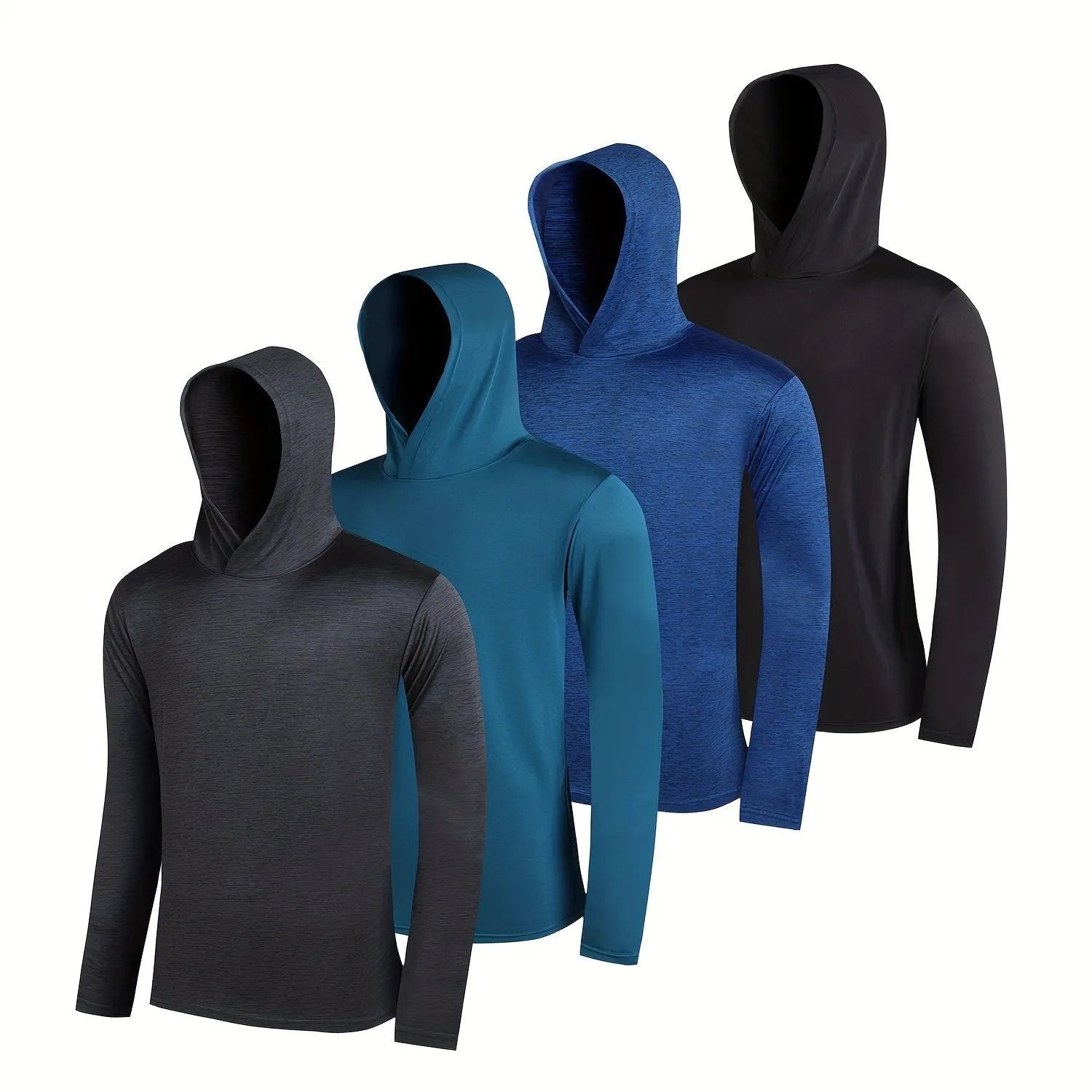 Four men's lightweight hoodies folded, showing elastic polyester fabric in a solid colour.