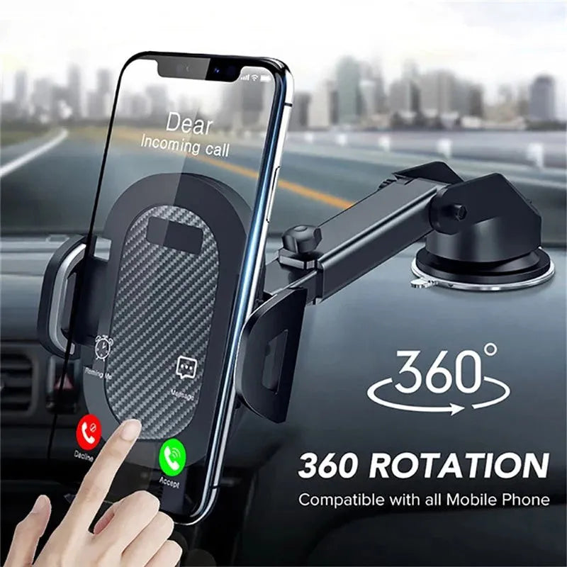 Black universal car phone holder for windscreen or dashboard, compatible with 4 to 7 inch phones.