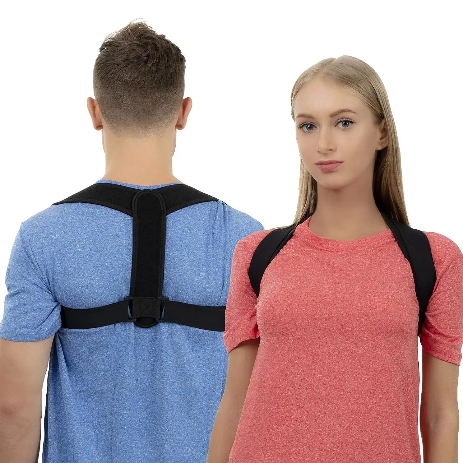 Black adjustable posture correction strap for back support and spinal alignment
