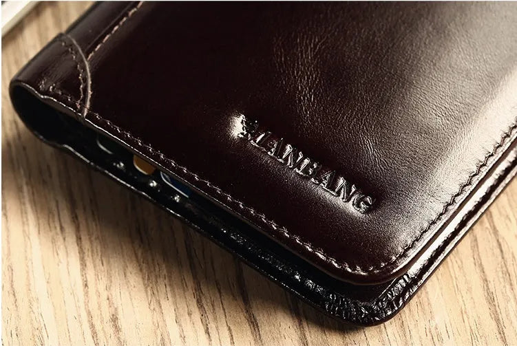 Men's leather wallet showing multiple compartments including card slots and change pocket