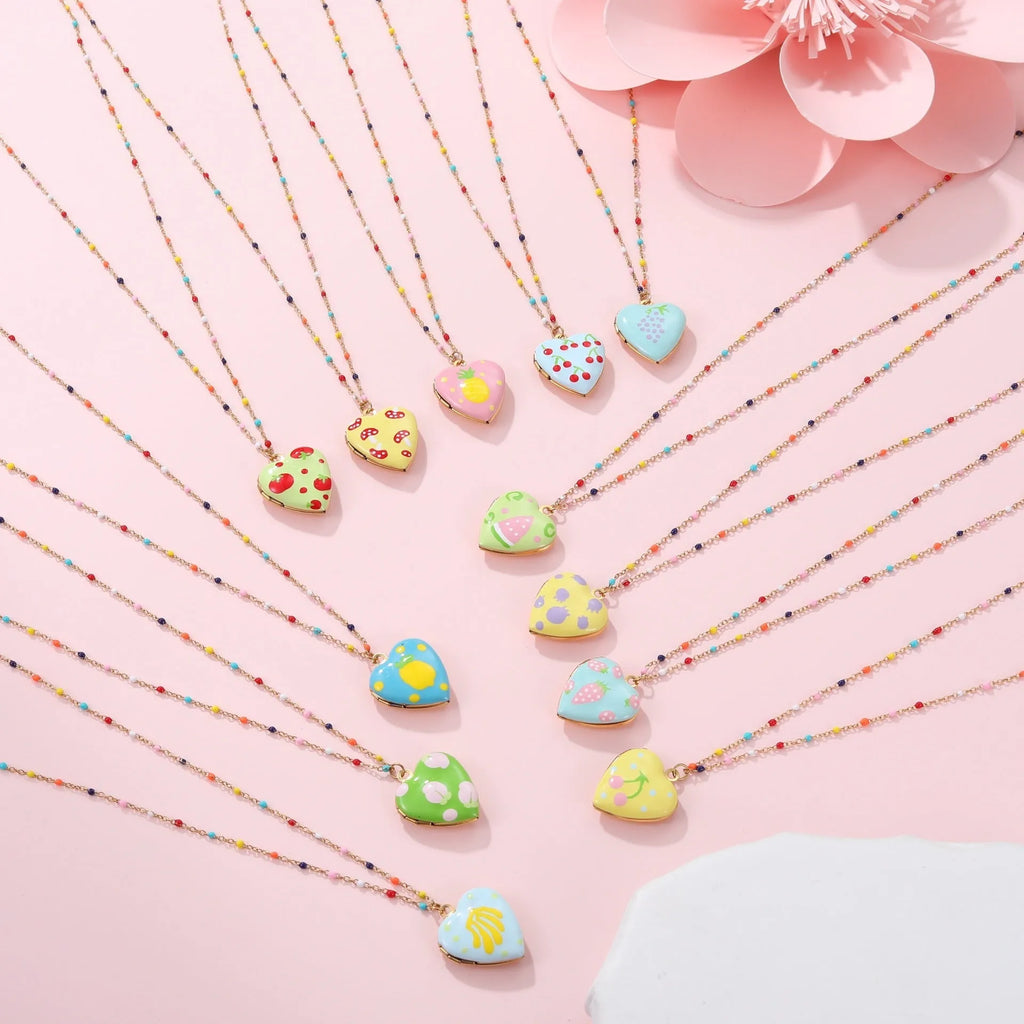 Women's gold plated stainless steel heart necklace with fruit pendant designs