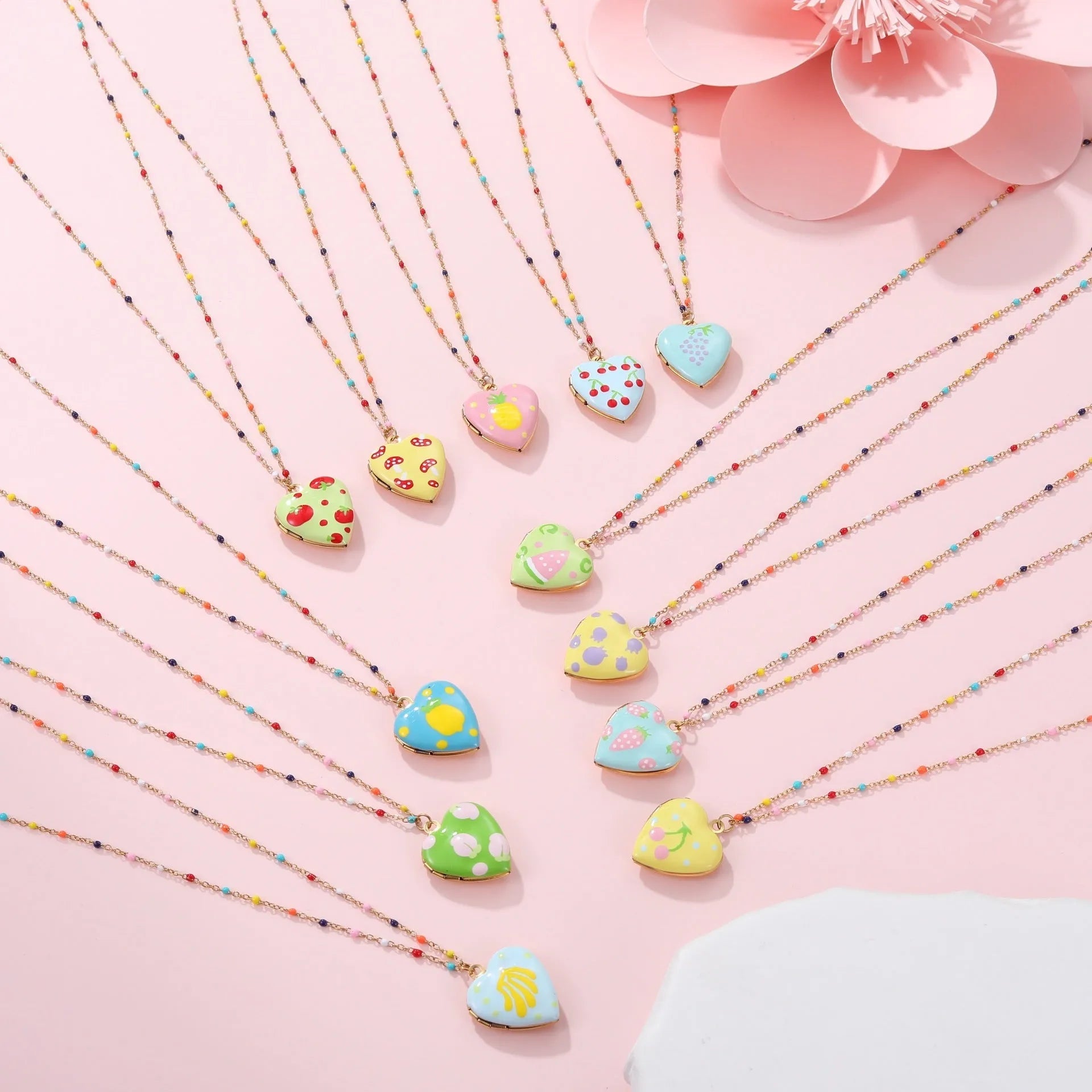 Women's gold plated stainless steel heart necklace with fruit pendant designs