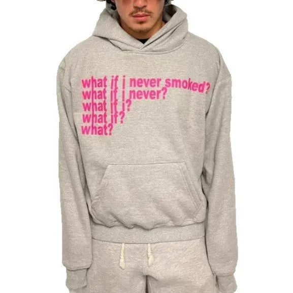 Letter print heavy hooded sweater pullover in Black and Heather Gray front view