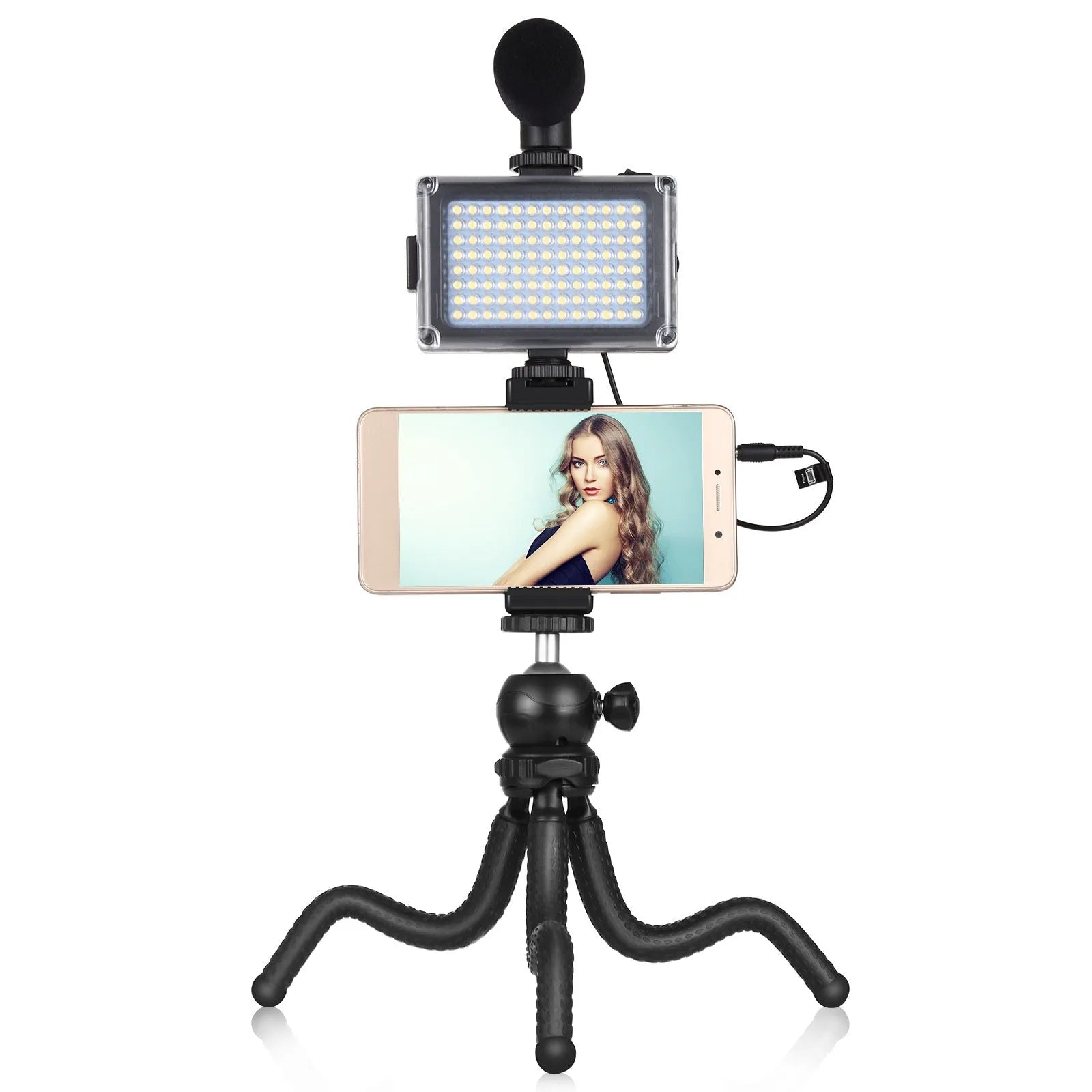 Black octopus tripod live broadcast kit with fill light and microphone for iPhone compatible content creation