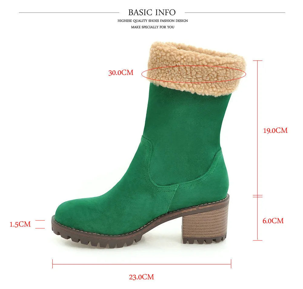 A pair of snow boots with a rubber outsole and plush lining in one of four colours: black, grey, green, or orange.