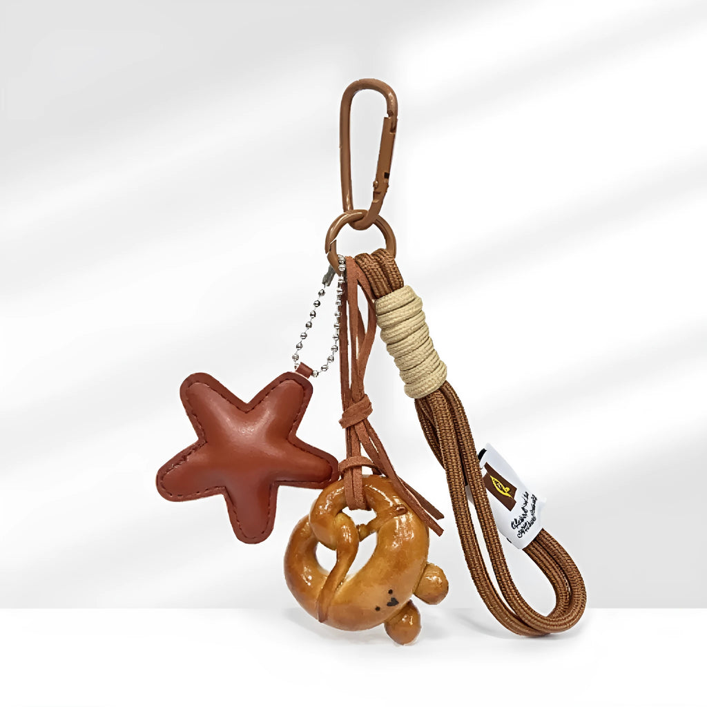 Handmade soda bread creative style handbag pendant with cartoon food designs and brown carrying strap
