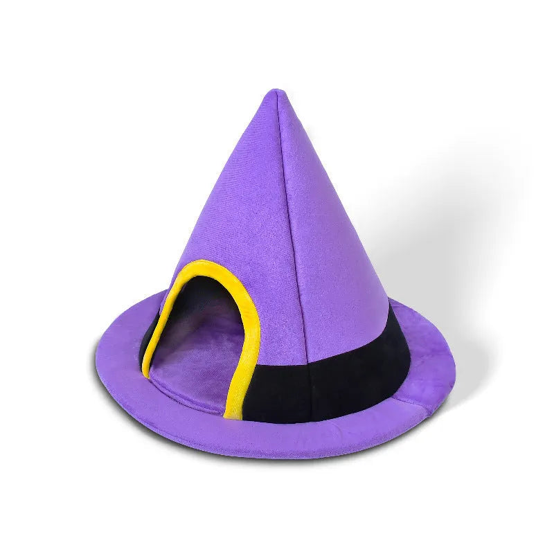 Purple cloth witch hat shaped cat bed for small cats, dimensions 60cm by 45cm.